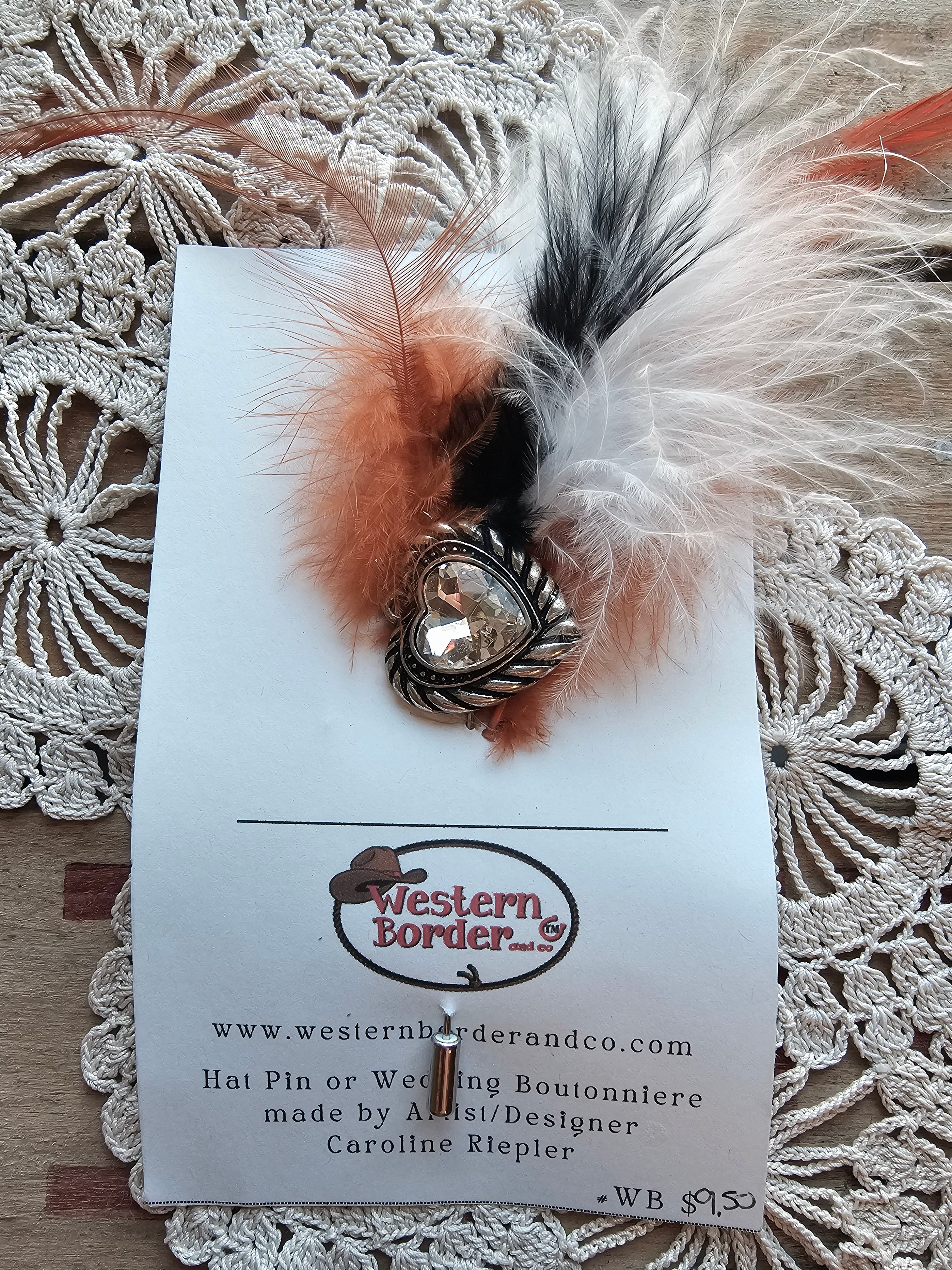 Hat Pin with Silver Crystal Heart and Feathers