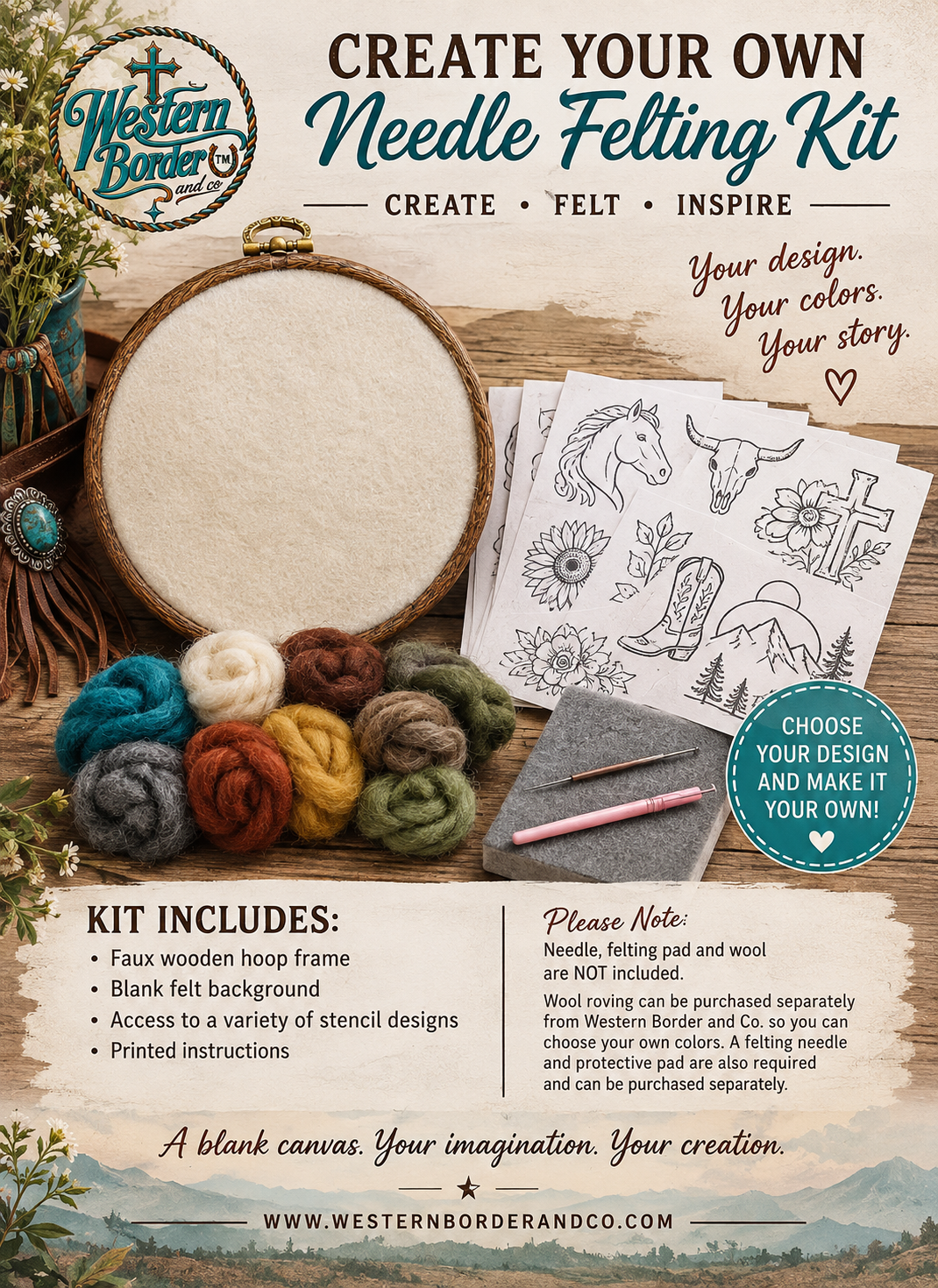 Needle Felting Kit for Workshop with pick and choose your own design with stencils
