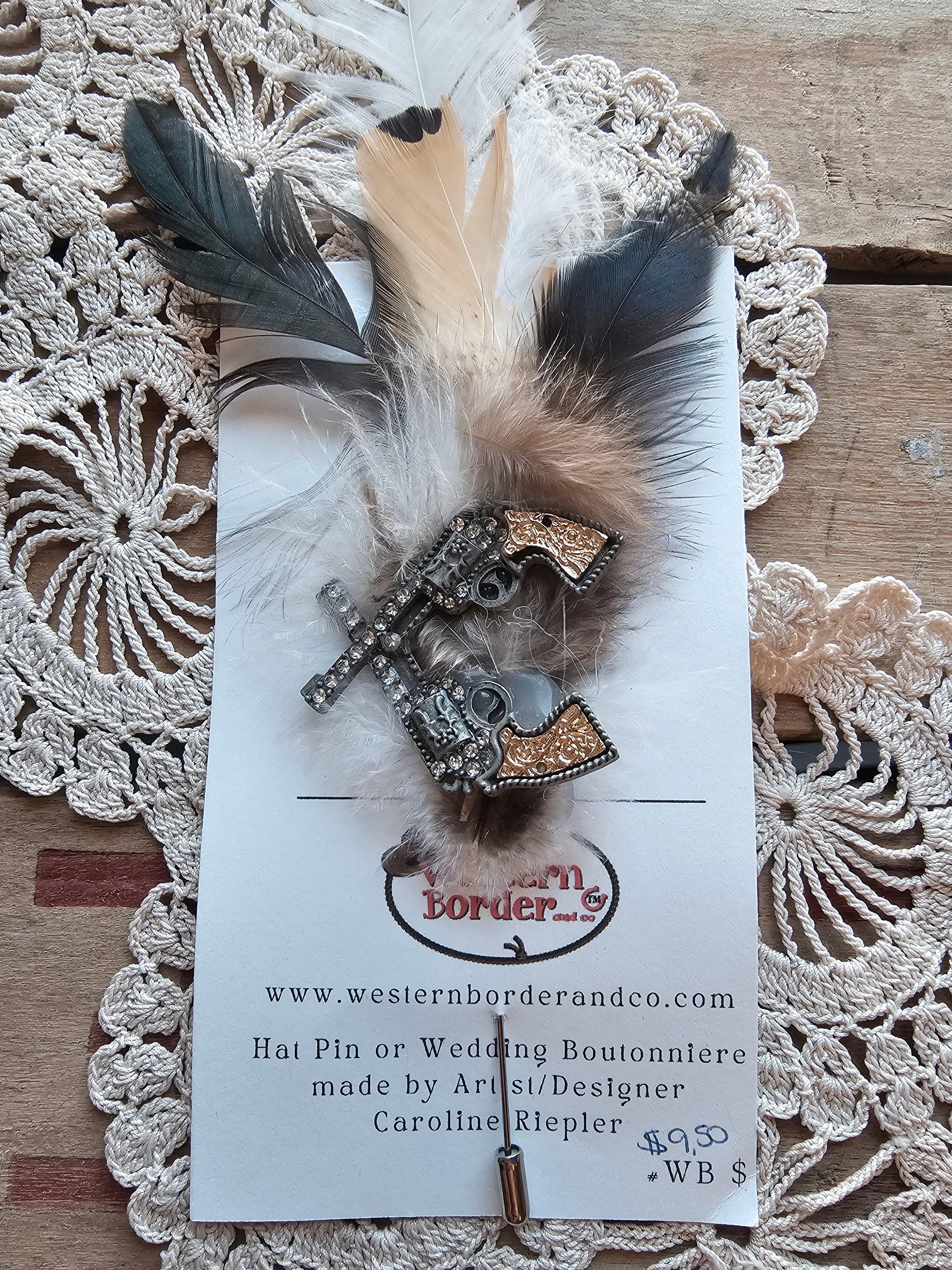 Hat Pin with metal pistols and Feathers