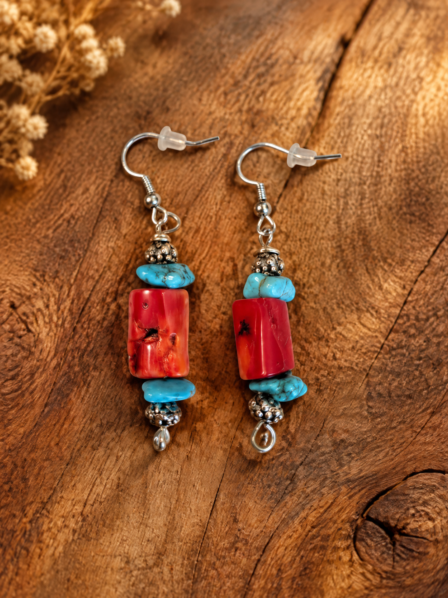 Turquoise and Coral Red Western Earrings