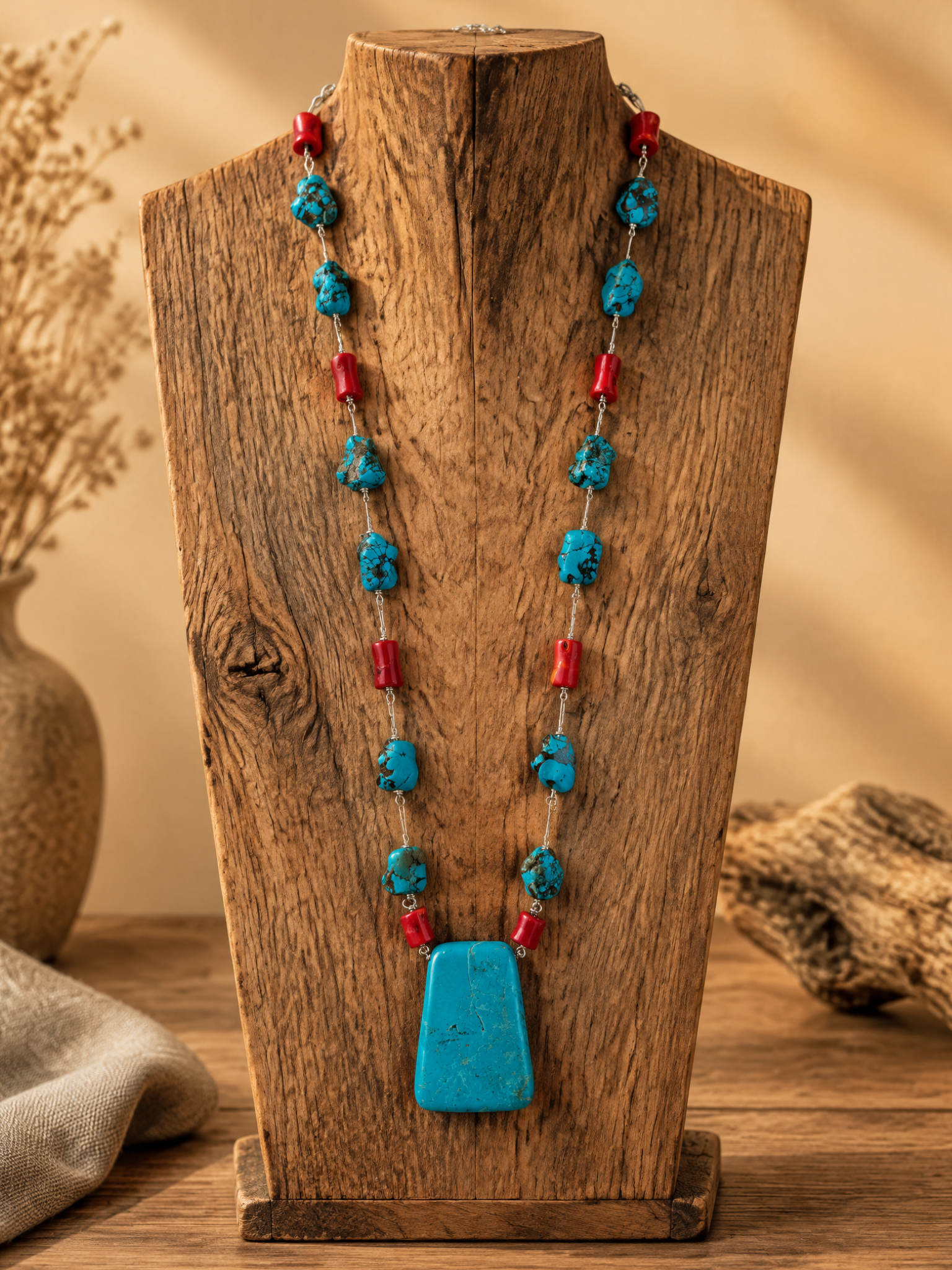 Turquoise and Corral Bead Floating Necklace - Designed by Caroline Riepler