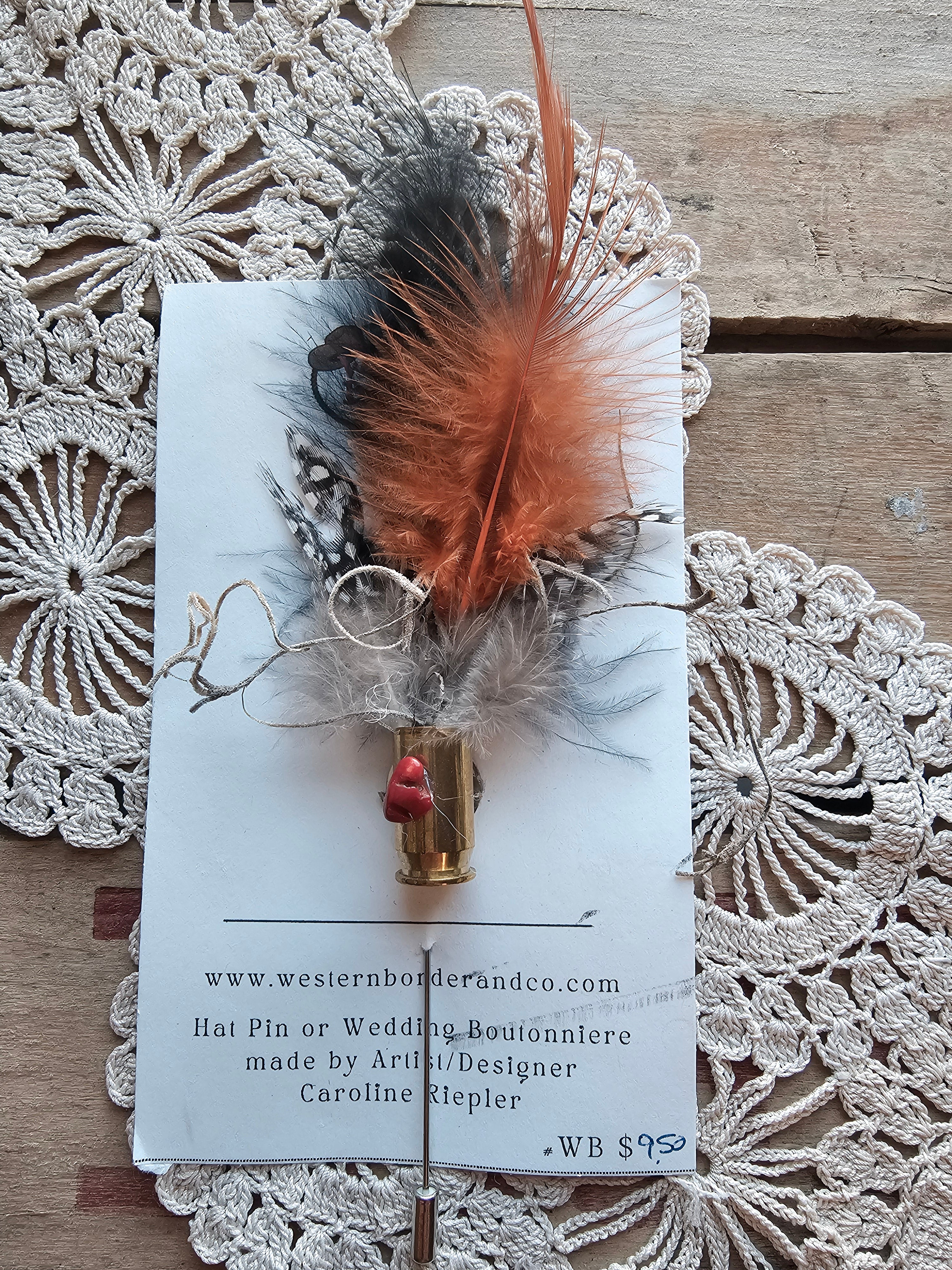 Hat Pin with Bullet Case and Feathers