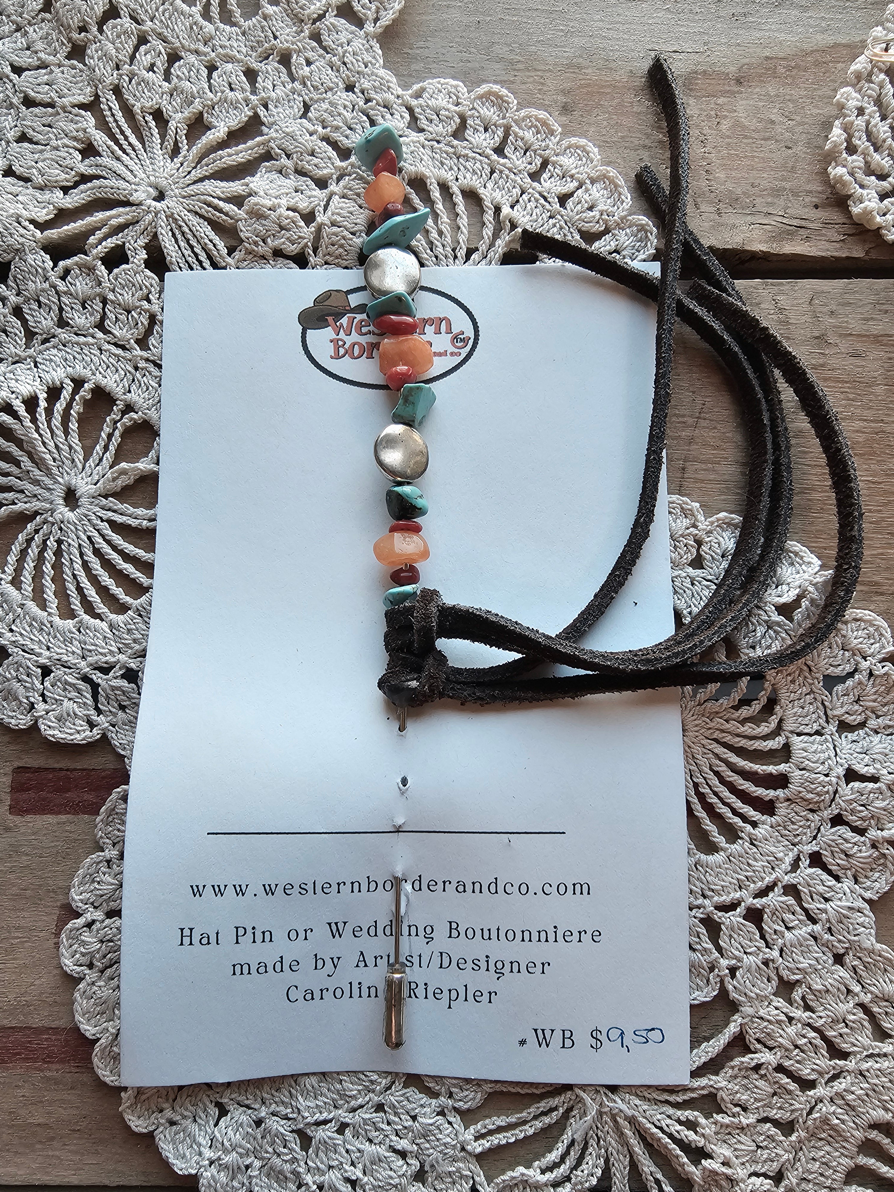 Hat Pin with various gemstones and leather